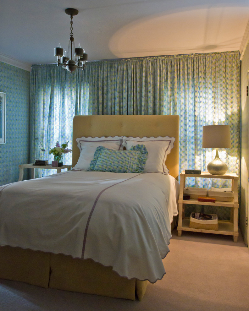 Inspiration for a mid-sized eclectic master carpeted and beige floor bedroom remodel in Dallas with blue walls