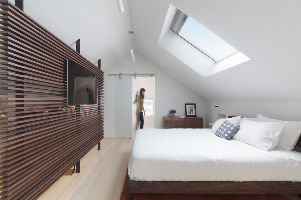 Пример оригинального дизайна: спальня в современном стиле с белыми стенами и светлым паркетным полом