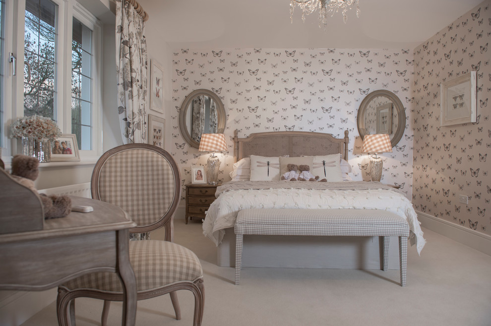 Bedroom - cottage carpeted bedroom idea in Berkshire with multicolored walls