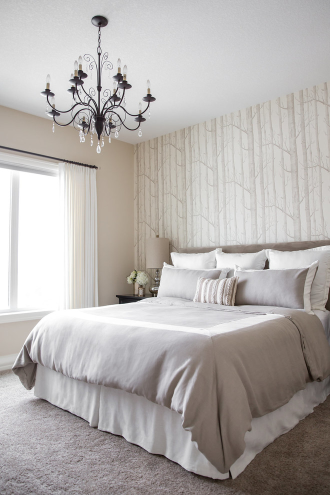 Mid-sized transitional master carpeted and gray floor bedroom photo in Calgary with beige walls and no fireplace