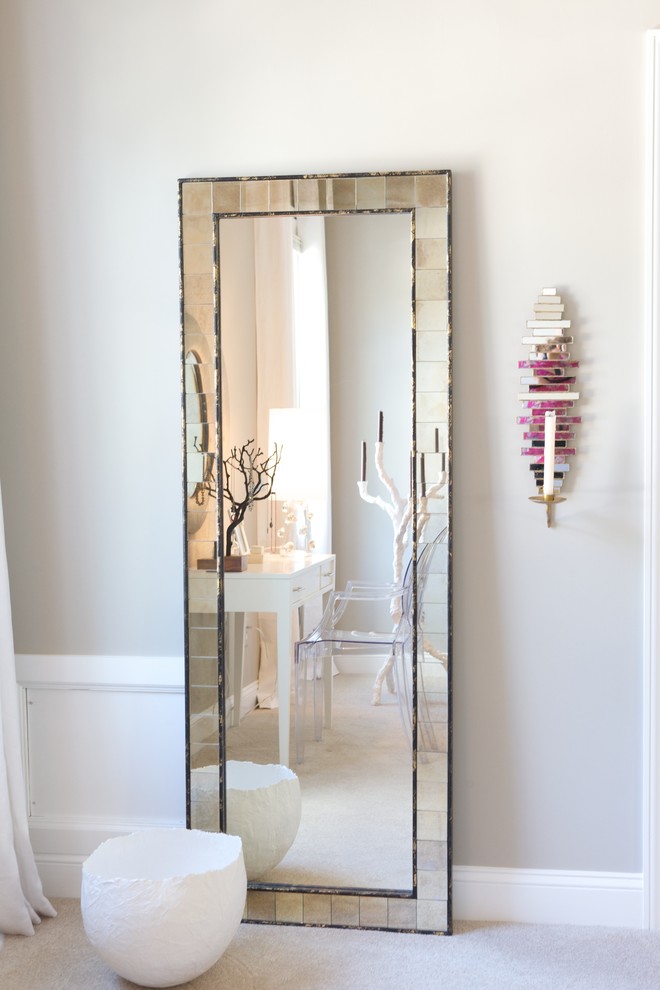 Trendy bedroom photo in Raleigh with beige walls