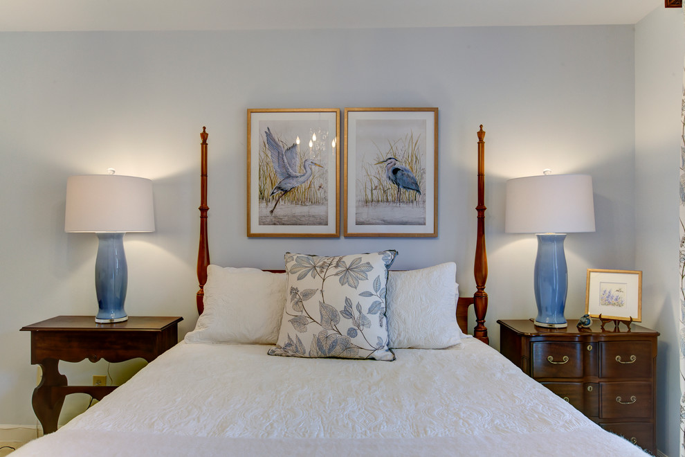 Mid-sized elegant master carpeted and beige floor bedroom photo in Raleigh with blue walls and no fireplace