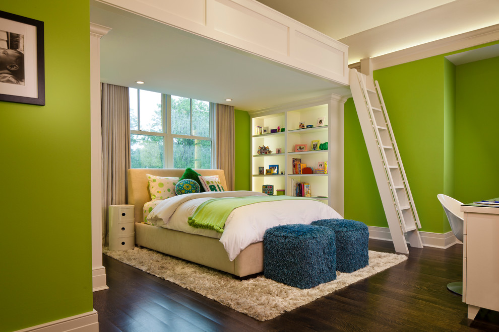 Inspiration for a large coastal loft-style medium tone wood floor bedroom remodel in Chicago with green walls