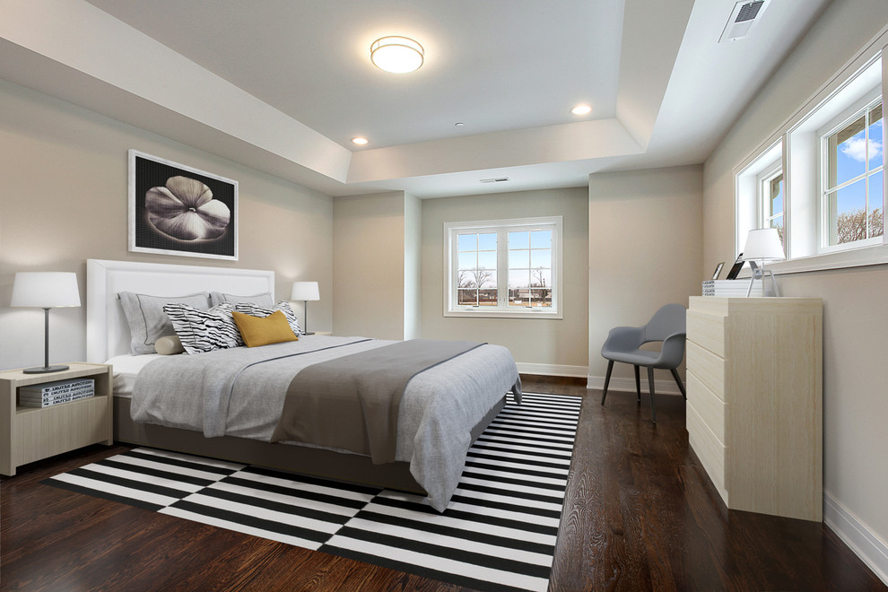 Ejemplo de dormitorio principal contemporáneo de tamaño medio sin chimenea con paredes beige, suelo de madera oscura y suelo marrón