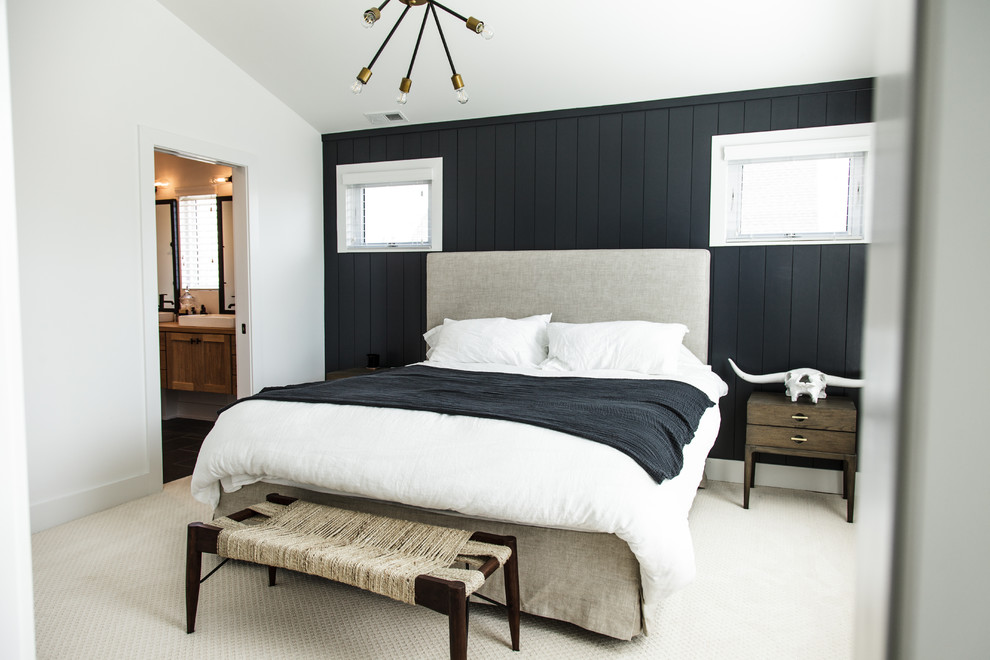Inspiration for a mid-sized farmhouse master carpeted and beige floor bedroom remodel in Indianapolis with white walls and no fireplace