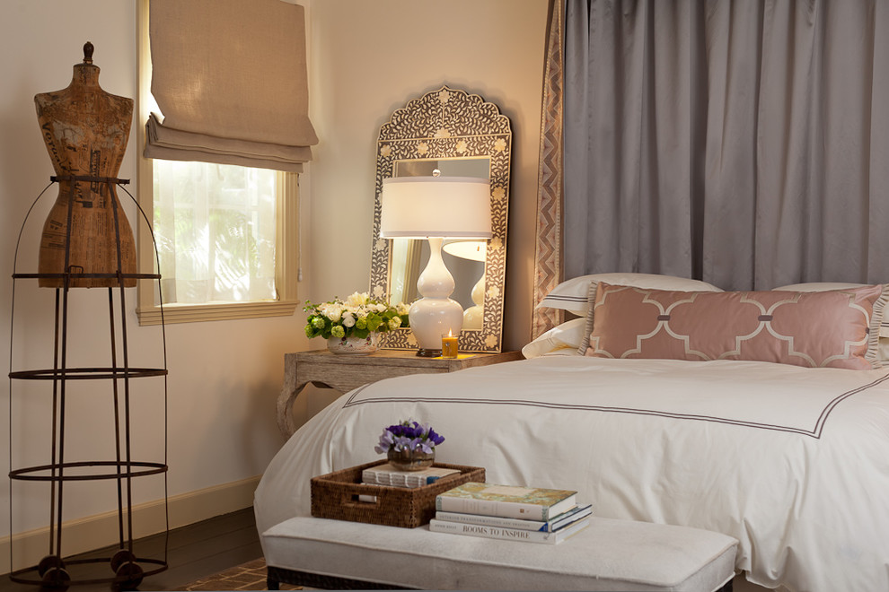 Tuscan dark wood floor bedroom photo in San Francisco with white walls