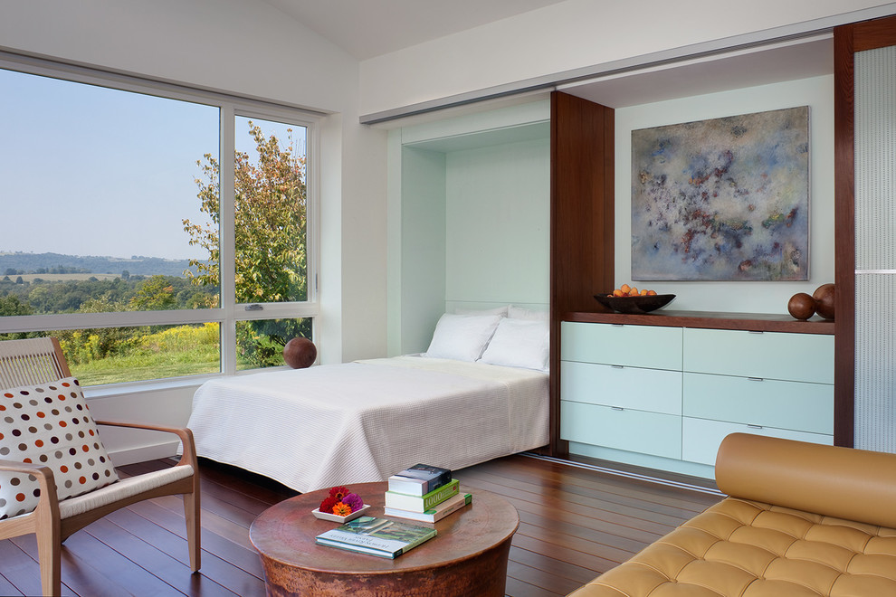 Идея дизайна: маленькая гостевая спальня (комната для гостей) в современном стиле с синими стенами, темным паркетным полом и коричневым полом без камина для на участке и в саду