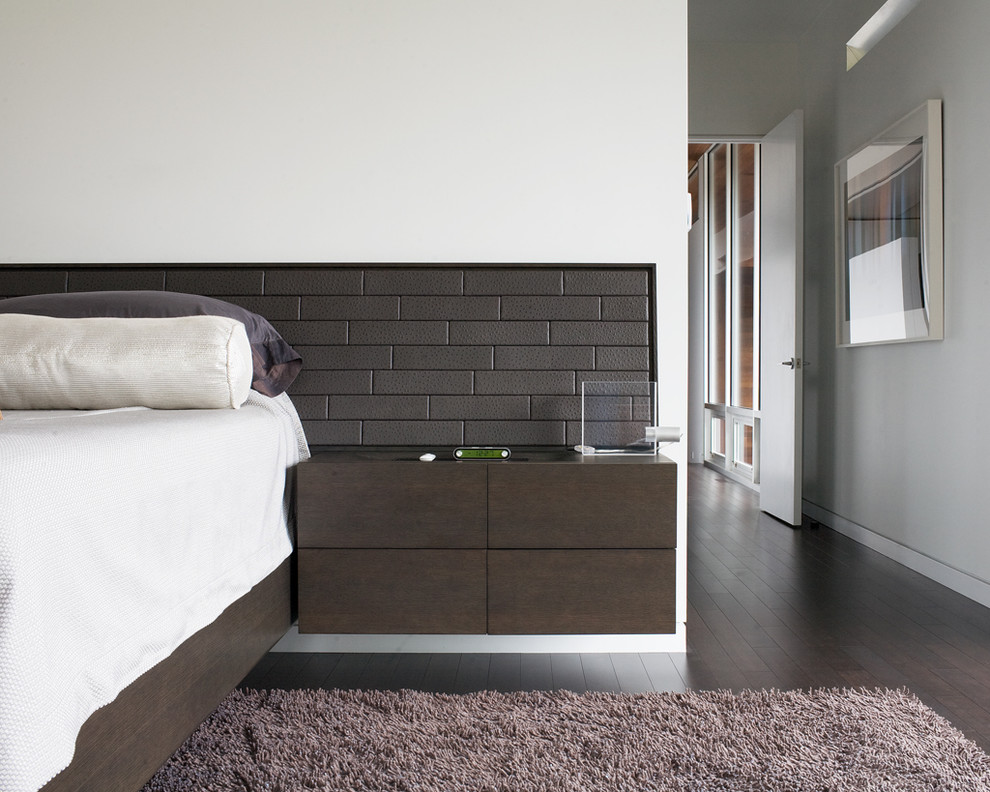 Inspiration for a contemporary bedroom in Kansas City with white walls and dark hardwood flooring.