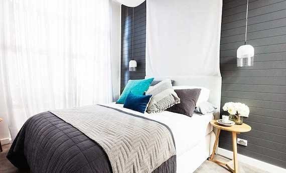 Inspiration för små moderna sovrum, med grå väggar