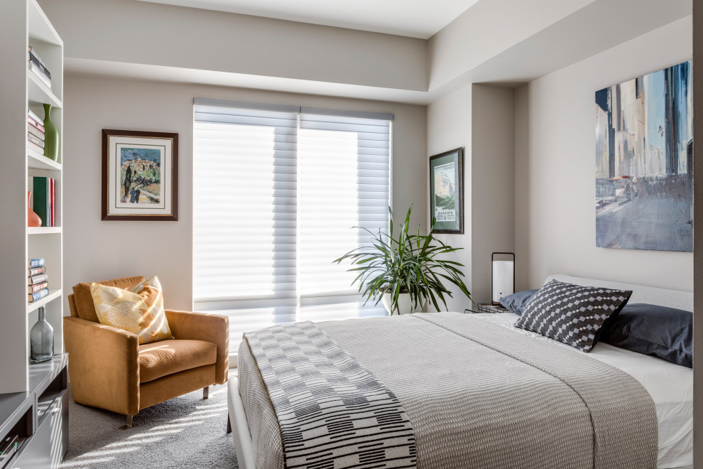 Ejemplo de habitación de invitados contemporánea sin chimenea con paredes beige, moqueta y suelo gris
