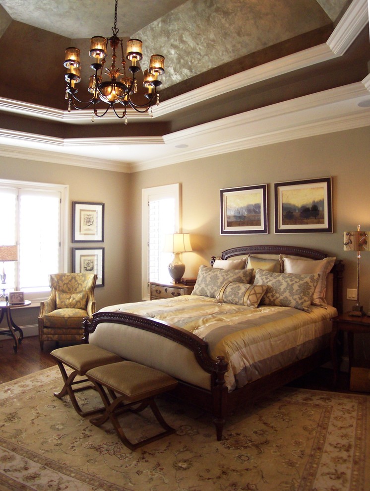 Inspiration for a large timeless master dark wood floor bedroom remodel in New York with beige walls and no fireplace