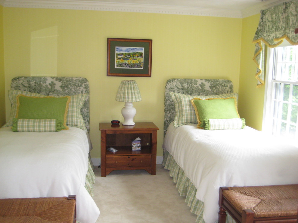 Inspiration for a small timeless guest carpeted bedroom remodel in Boston with yellow walls and no fireplace