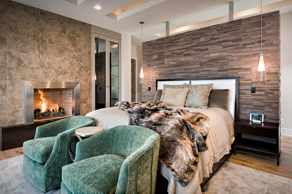 Design ideas for a traditional master bedroom in Phoenix with medium hardwood flooring, a ribbon fireplace and a metal fireplace surround.