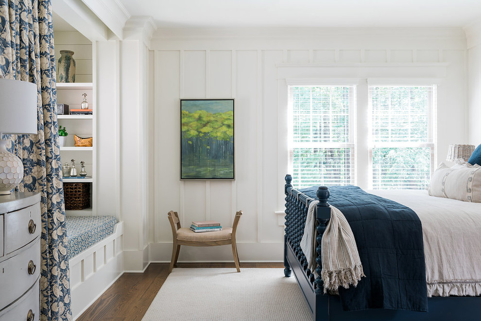 This is an example of a medium sized nautical master bedroom in Atlanta with white walls, dark hardwood flooring, no fireplace and brown floors.