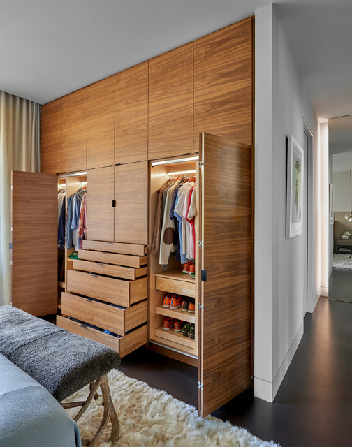 Custom Walnut Wardrobe Open Position Contemporary Bedroom