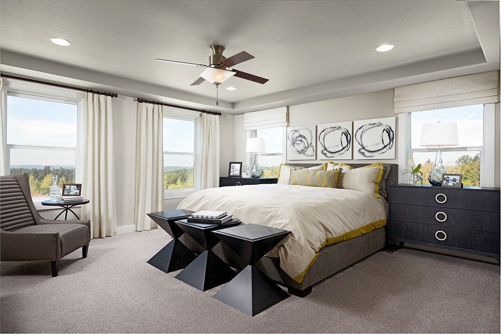 This is an example of a contemporary master bedroom in Denver with grey walls, carpet and grey floors.