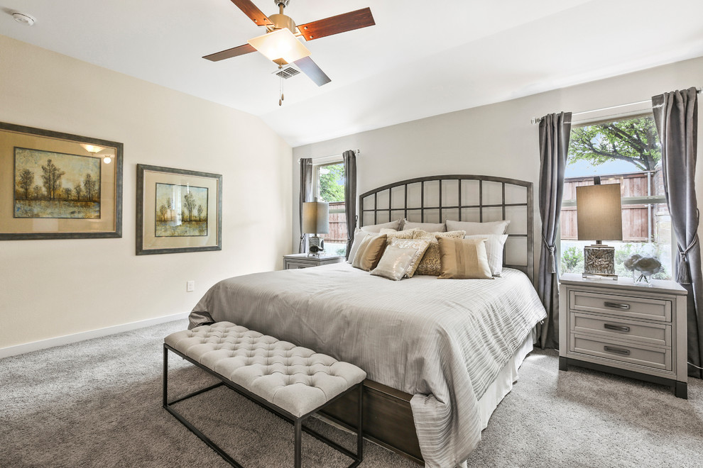 Photo of a large contemporary master bedroom in Dallas with beige walls, carpet and beige floors.