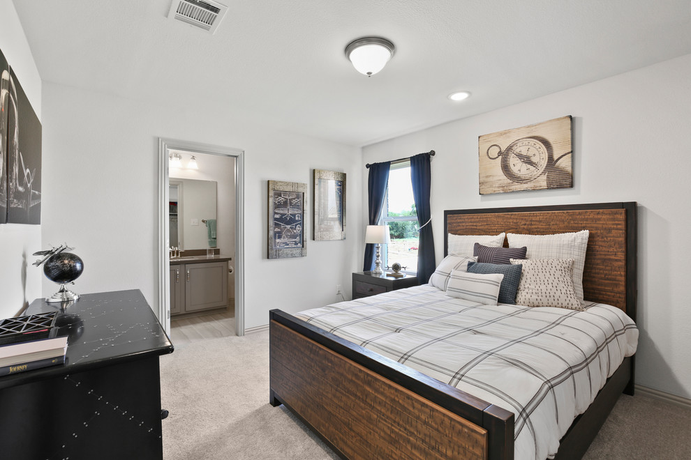 Example of a mid-sized trendy guest carpeted and beige floor bedroom design in Dallas with white walls