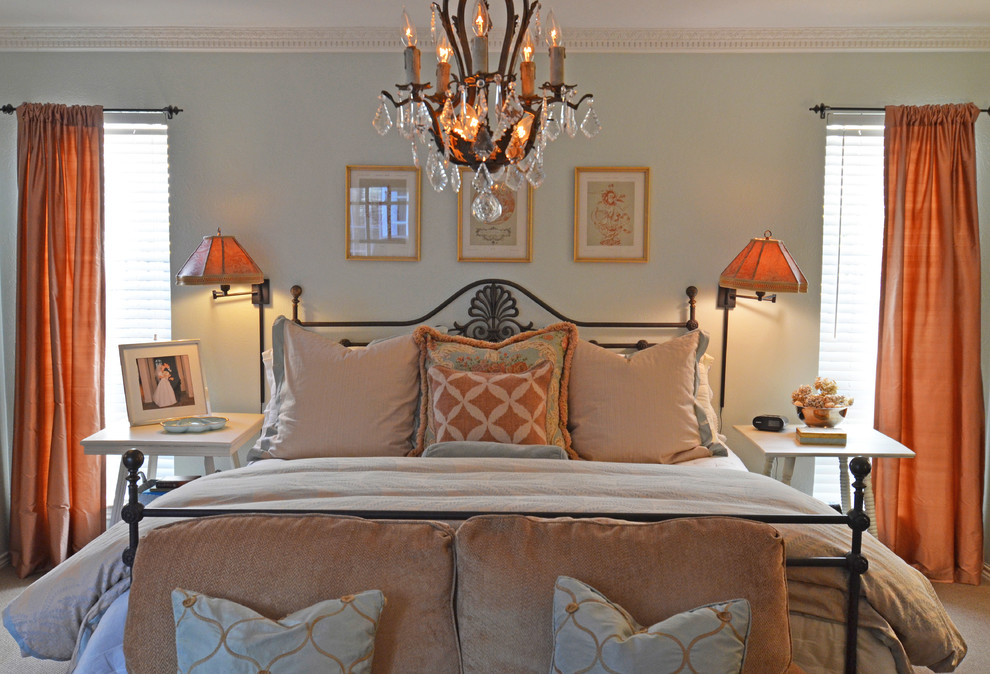 Classic master bedroom in Dallas with grey walls.
