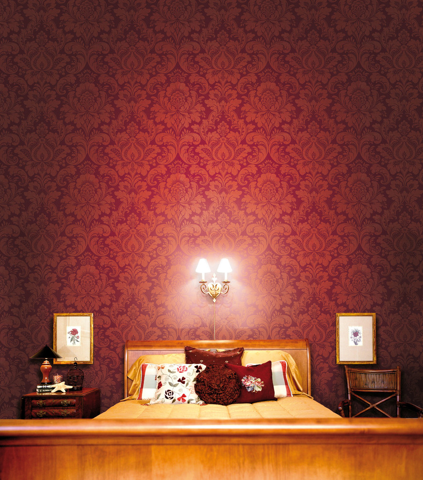 Imagen de dormitorio minimalista con paredes multicolor