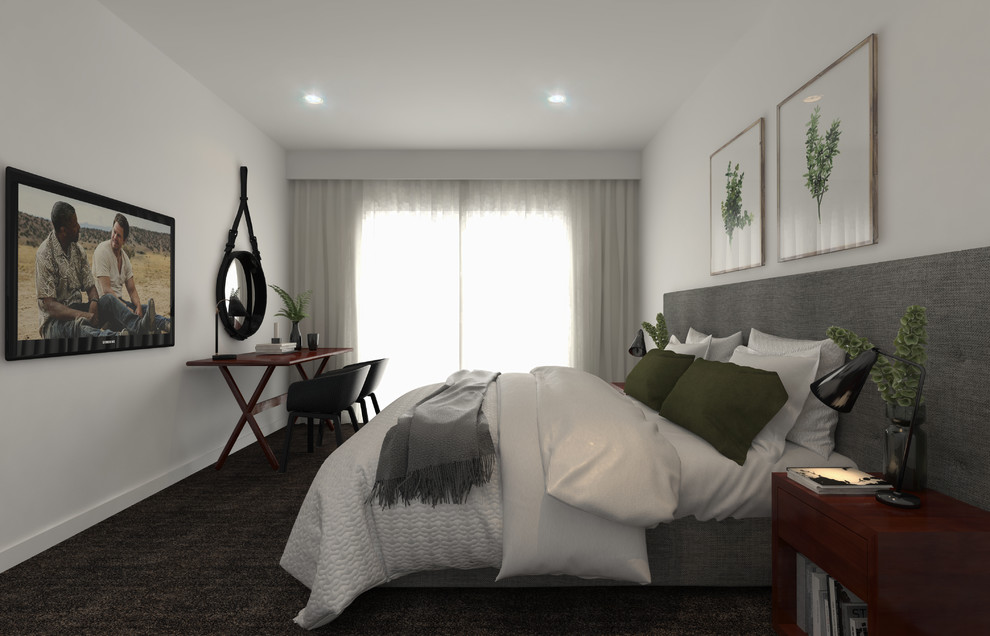 Стильный дизайн: маленькая гостевая спальня (комната для гостей) в современном стиле с белыми стенами и ковровым покрытием без камина для на участке и в саду - последний тренд