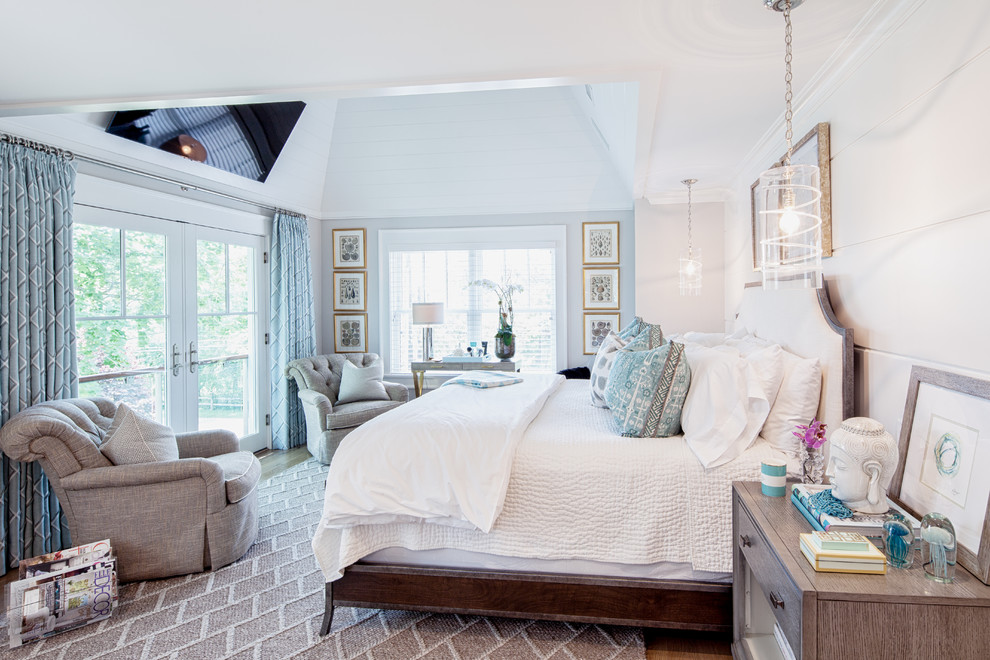 Design ideas for a classic bedroom in New York with white walls, carpet and beige floors.