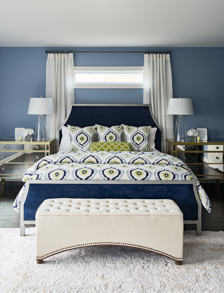 シャーロットにある広いトランジショナルスタイルのおしゃれな主寝室 (青い壁、暖炉なし) のインテリア