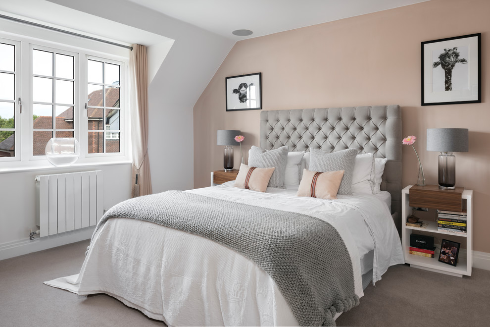 Mid-sized transitional guest carpeted and gray floor bedroom photo in Hampshire with white walls