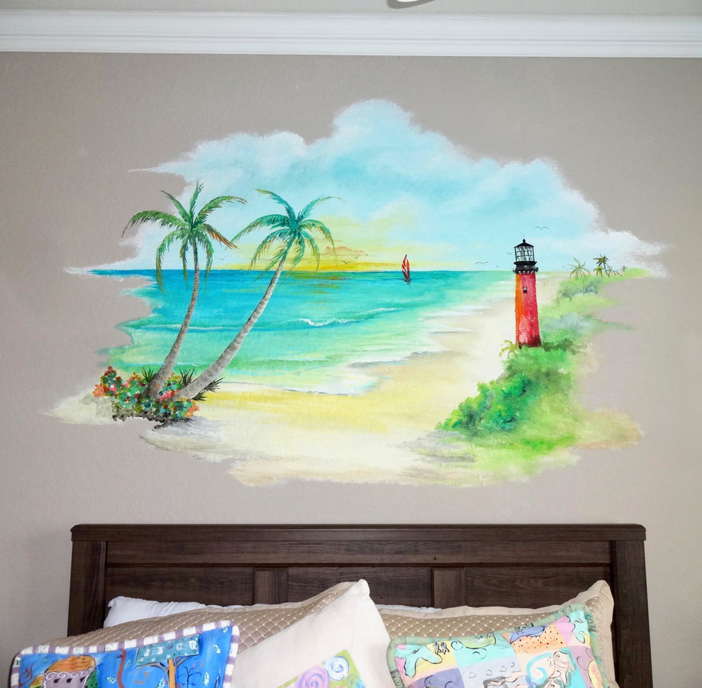 Bedroom - tropical bedroom idea in Miami with multicolored walls