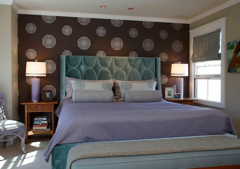 This is an example of an eclectic master bedroom in San Francisco with carpet.
