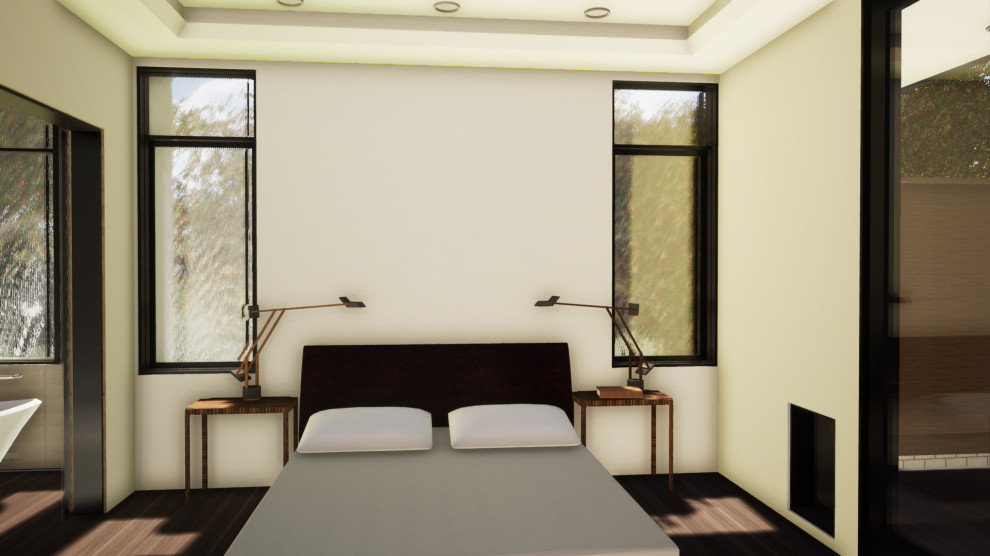 Cette image montre une chambre parentale vintage de taille moyenne avec un mur blanc, un sol en carrelage de porcelaine et un sol beige.