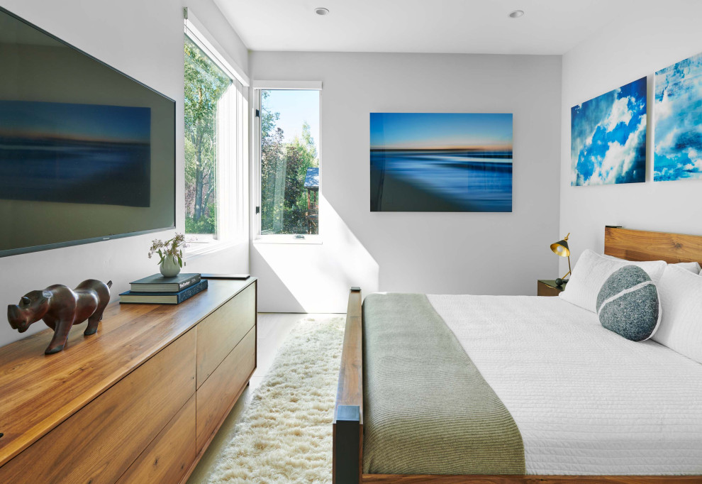 Immagine di una camera degli ospiti minimal di medie dimensioni con pareti grigie, parquet chiaro, nessun camino e pavimento beige