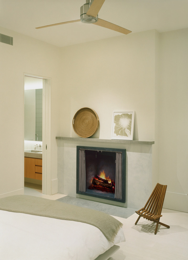 Imagen de dormitorio principal minimalista de tamaño medio con paredes beige, suelo de madera clara, todas las chimeneas y marco de chimenea de piedra
