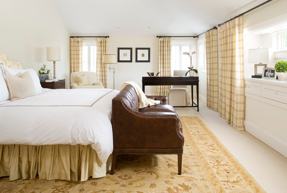 Inspiration for a traditional bedroom in Denver with white walls.
