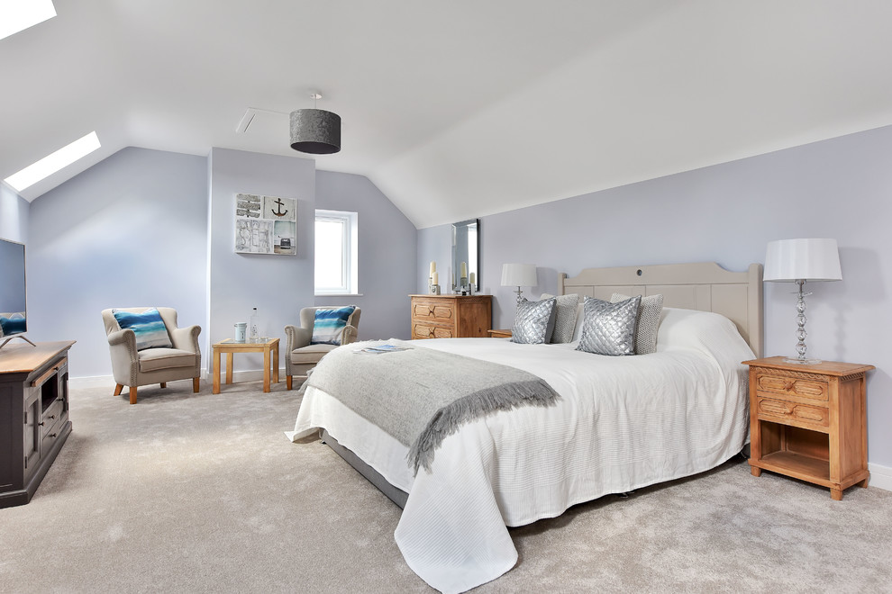 Photo of a medium sized traditional guest bedroom in Other with purple walls, carpet and grey floors.