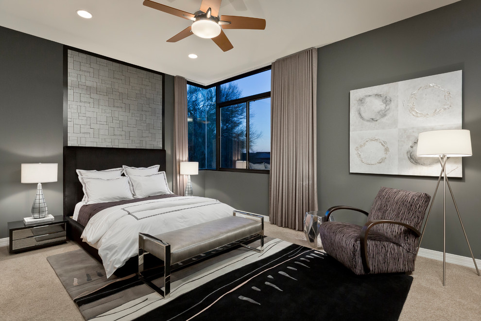 Пример оригинального дизайна: гостевая спальня среднего размера, (комната для гостей) в современном стиле с серыми стенами и ковровым покрытием без камина