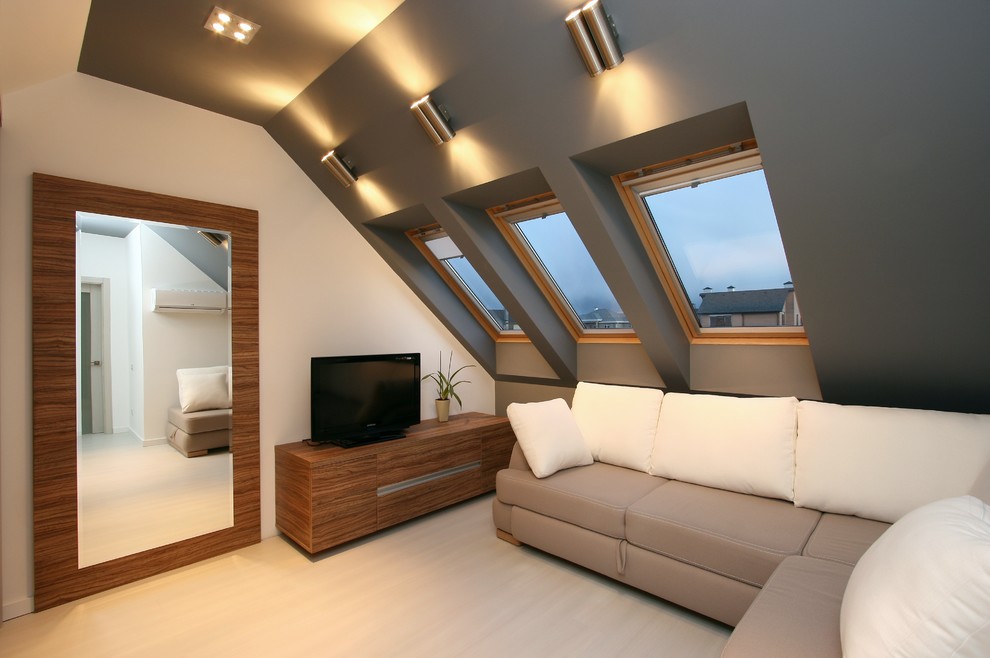 Modernes Schlafzimmer mit grauer Wandfarbe