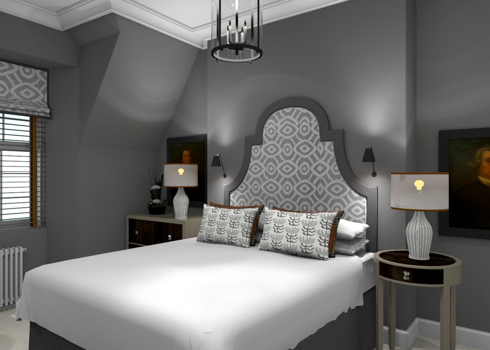 Medium sized contemporary guest bedroom in Other with grey walls and carpet.