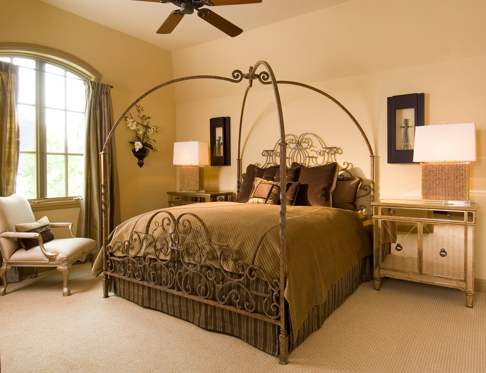 Large elegant guest carpeted and beige floor bedroom photo in Other with beige walls