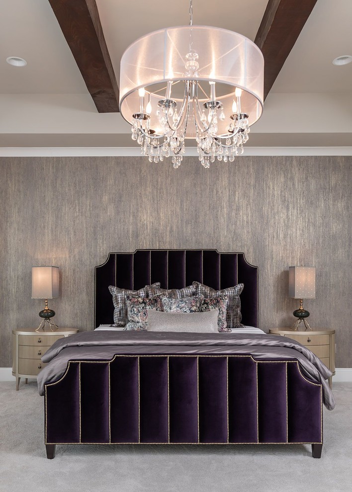 Photo of a contemporary grey and purple bedroom in Miami with grey walls, carpet, grey floors and feature lighting.