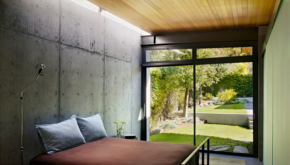 Идея дизайна: маленькая гостевая спальня (комната для гостей) в стиле модернизм с зелеными стенами без камина для на участке и в саду