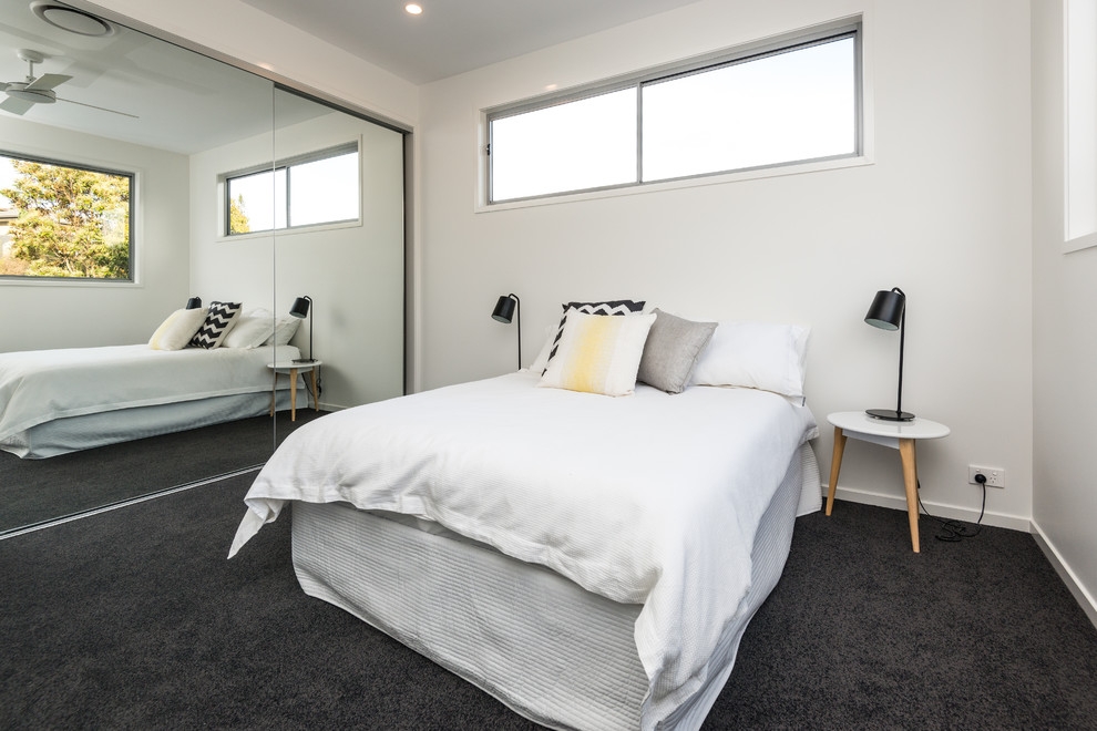 Großes Modernes Gästezimmer mit weißer Wandfarbe und Teppichboden in Brisbane