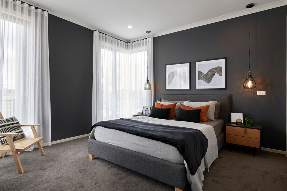 Imagen de dormitorio principal actual de tamaño medio con paredes negras, moqueta y suelo gris