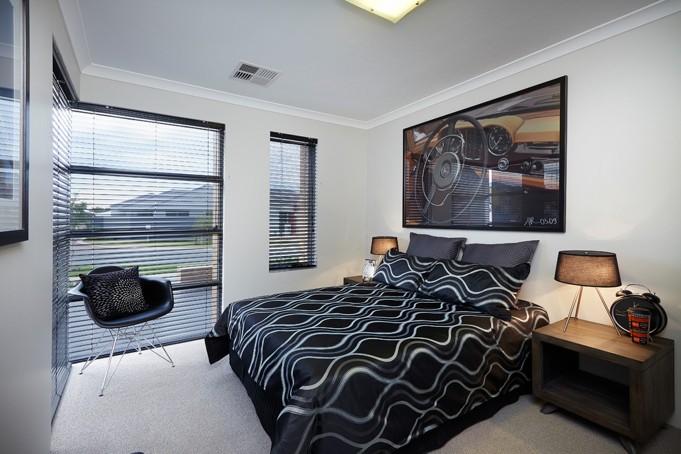 Пример оригинального дизайна: гостевая спальня (комната для гостей) в современном стиле с бежевыми стенами и ковровым покрытием