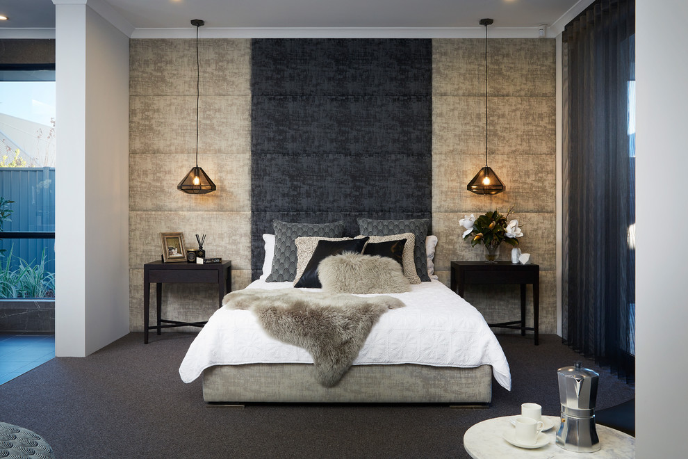 Пример оригинального дизайна: гостевая спальня (комната для гостей) в современном стиле с разноцветными стенами, ковровым покрытием и серым полом