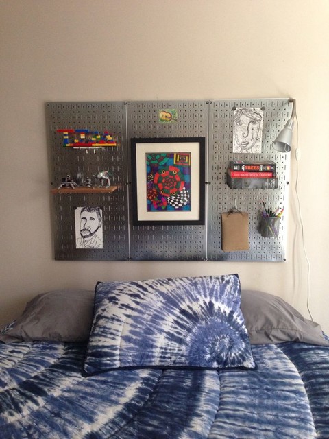 DIY magnetic metal pegboard headboard. I am excited about all the