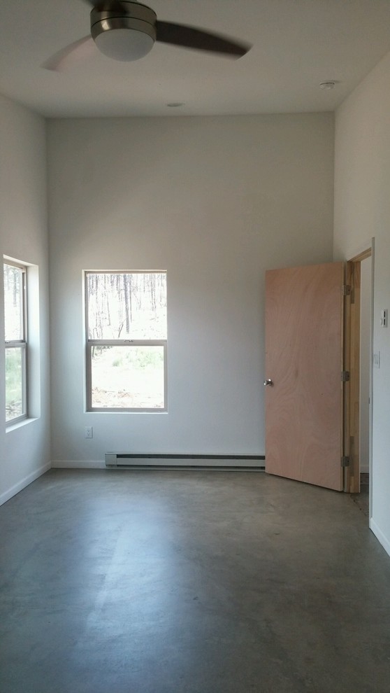 Imagen de dormitorio principal tradicional renovado pequeño con paredes blancas, suelo de cemento y suelo gris