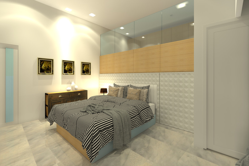 Inspiration for a small contemporary guest bedroom in Other with beige walls, marble flooring and no fireplace.