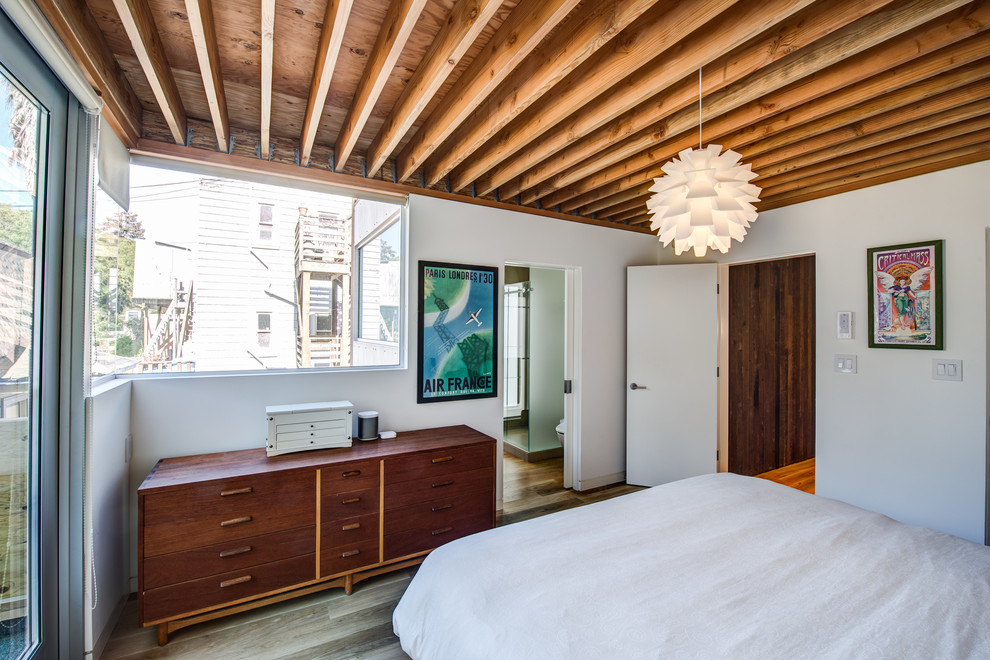 サンフランシスコにあるコンテンポラリースタイルのおしゃれな寝室 (白い壁、濃色無垢フローリング) のインテリア