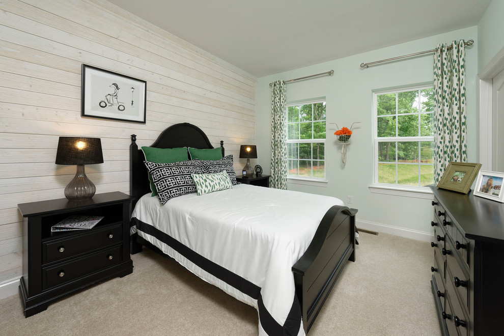 Photo of a rural bedroom in Baltimore with white walls, carpet and beige floors.